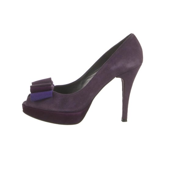 Stuart Weitzman Purple Suede Peep Toe Folded Bow Stiletto Pumps - Picture 4 of 16
